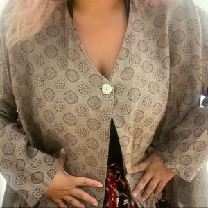 Bryn Walker Blouse: Tan Mandala Patterned Linen Blouse